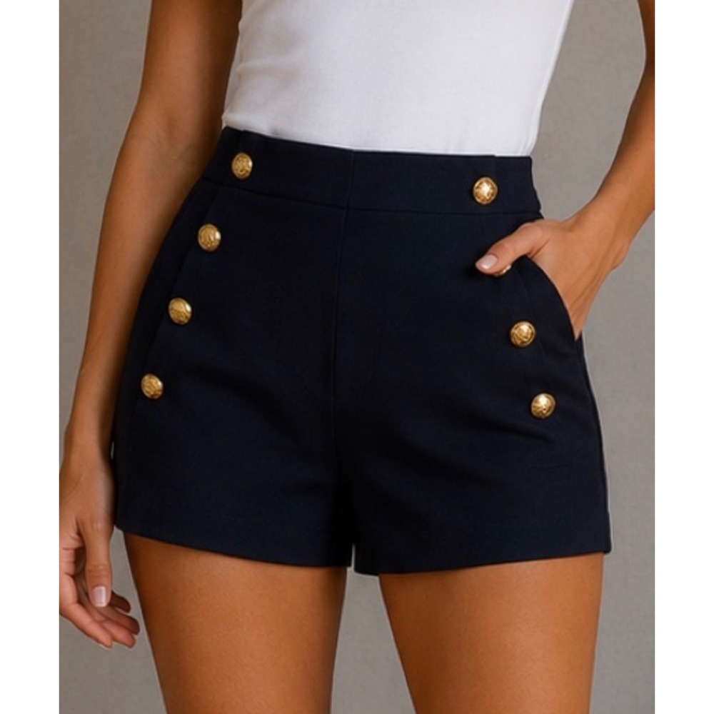 Banana Republic Sailor Shorts Women 2 Navy Gold Button High Rise Nautical Preppy